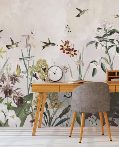 Garten-Wandbild mit Vögel und Blumen Garten-Wandbild mit Vögel und Blumen