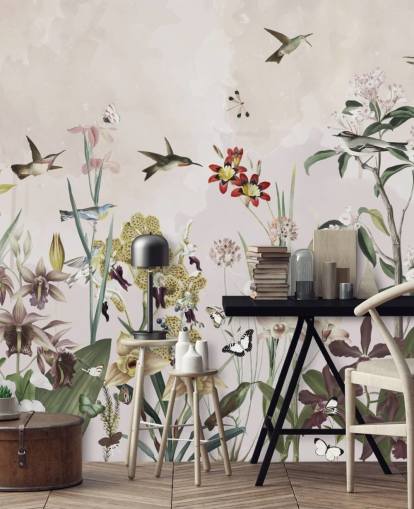 tuinmuurschildering met vogels en bloemen