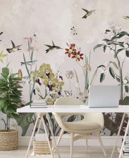 mural de pared de jardín con pájaros y flores