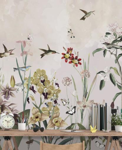 mural de pared de jardín con pájaros y flores