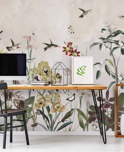 havevægmaleri med fugle og blomster