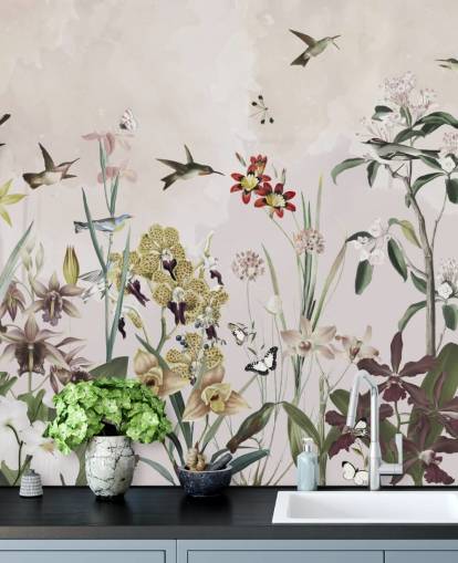 carta da parati da giardino con uccelli e fiori