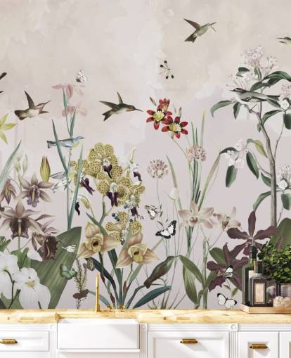 garden wall mural with birds and flowers
