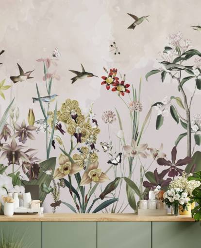 fresque murale de jardin avec oiseaux et fleurs