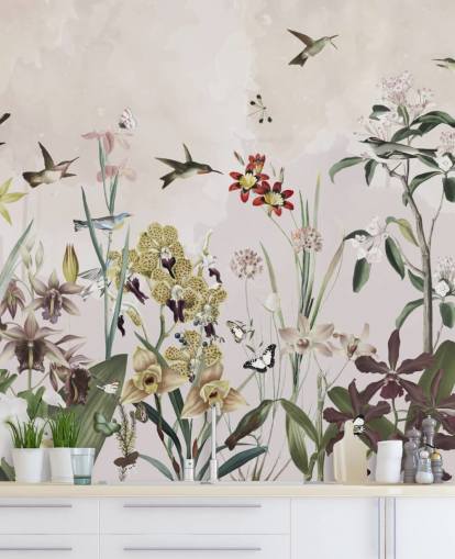 garden wall mural with birds and flowers