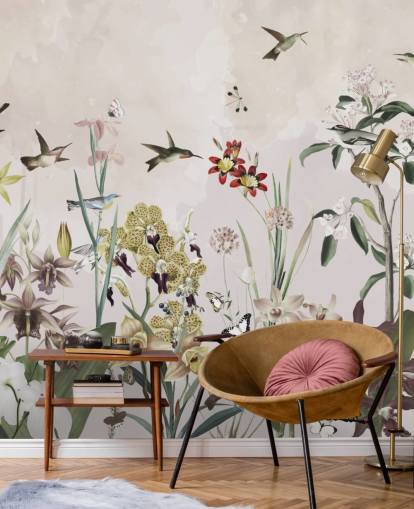 Garten-Wandbild mit Vögel und Blumen