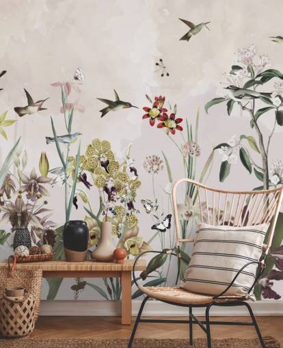 fresque murale de jardin avec oiseaux et fleurs