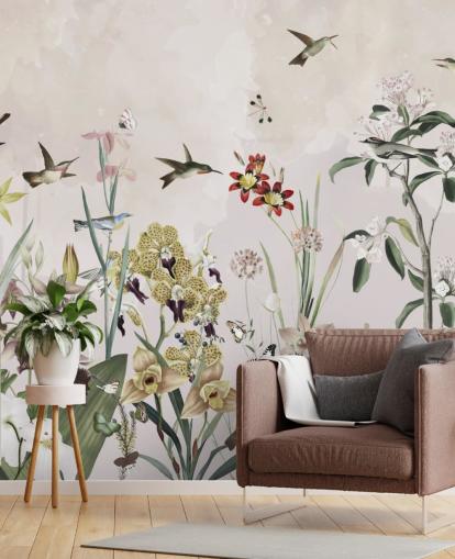 hage veggmaleri med fugler og blomster