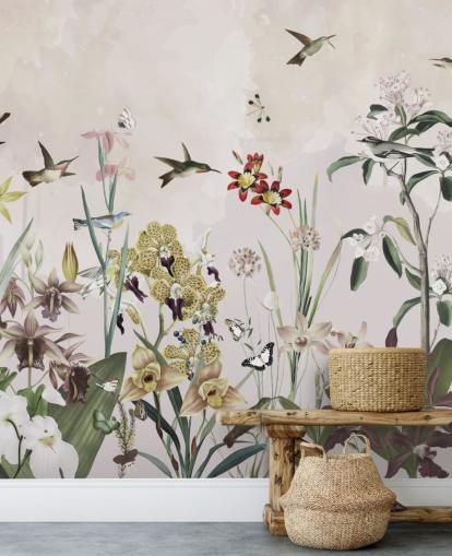 Garten-Wandbild mit Vögel und Blumen Garten-Wandbild mit Vögel und Blumen