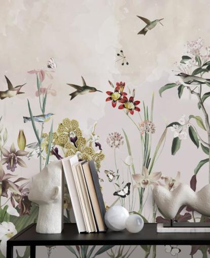 mural de pared de jardín con pájaros y flores