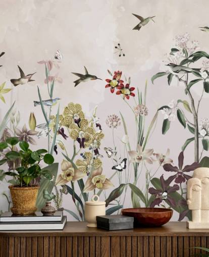 hage veggmaleri med fugler og blomster