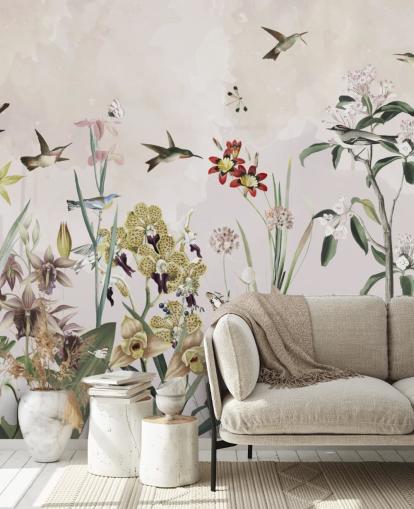 hage veggmaleri med fugler og blomster