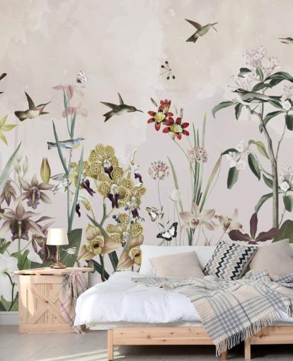 mural de pared de jardín con pájaros y flores