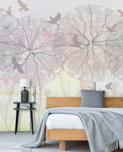 abstract tree and bird print wallpaper