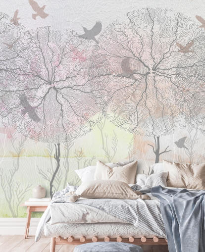 abstract tree and bird print wallpaper