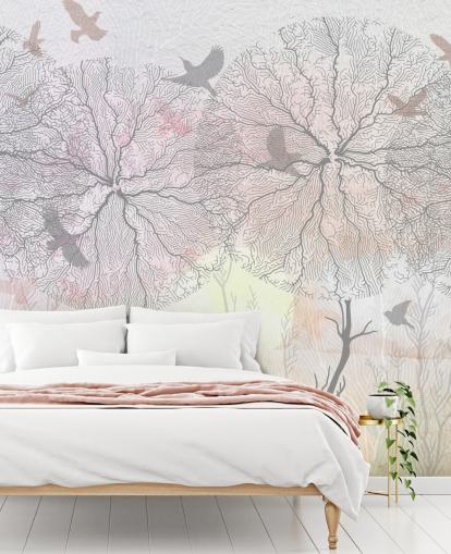 abstract tree and bird print wallpaper