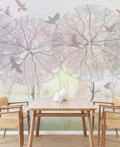 papel pintado abstracto con estampado de árboles y pájaros