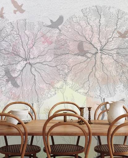abstract tree and bird print wallpaper