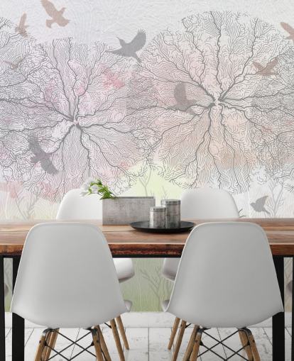 papel pintado abstracto con estampado de árboles y pájaros