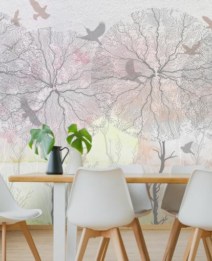 abstrakte Baum- und Vogeldrucktapete