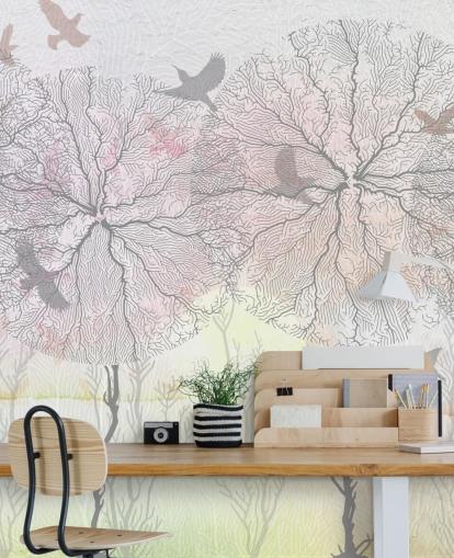 abstract behang met boom- en vogelprint