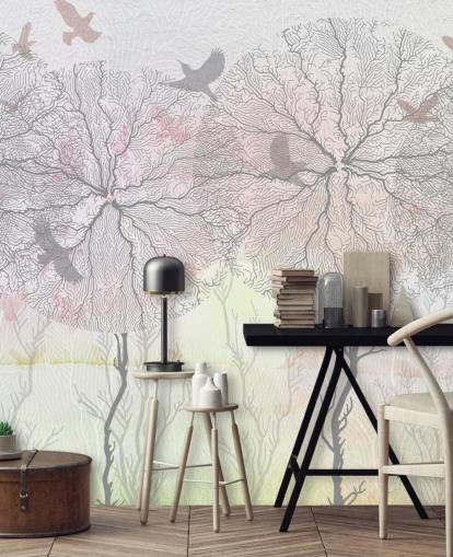 abstract behang met boom- en vogelprint