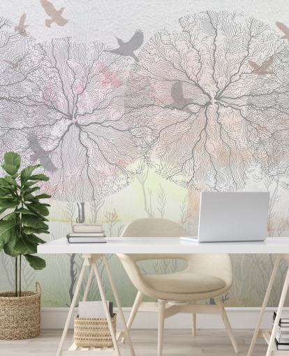 papier peint abstrait à motif d'arbre et d'oiseau