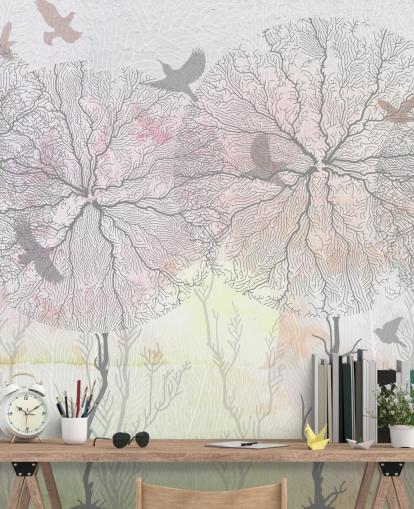 abstract tree and bird print wallpaper
