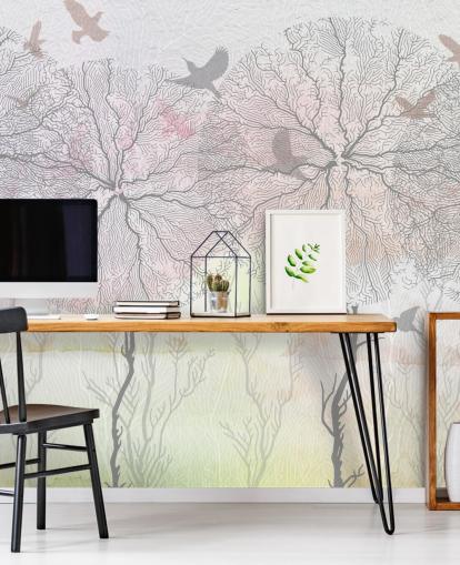 papel pintado abstracto con estampado de árboles y pájaros