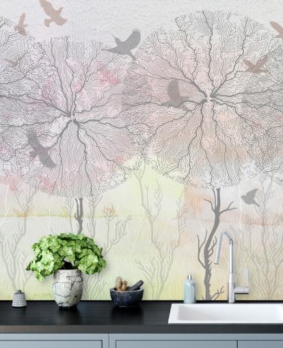 abstract behang met boom- en vogelprint