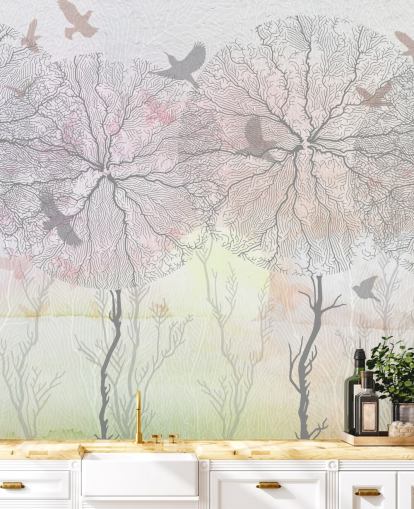 papier peint abstrait à motif d'arbre et d'oiseau