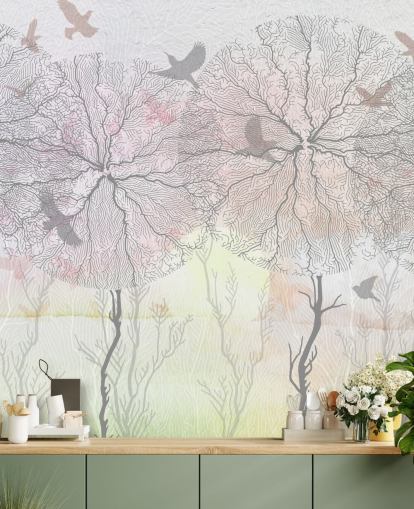 abstract tree and bird print wallpaper