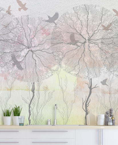 papel pintado abstracto con estampado de árboles y pájaros