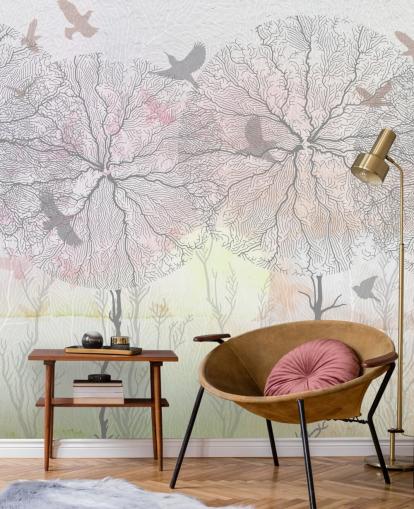 abstract tree and bird print wallpaper