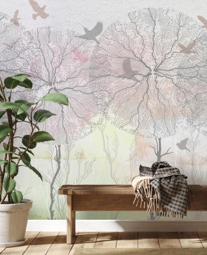 papier peint abstrait à motif d'arbre et d'oiseau