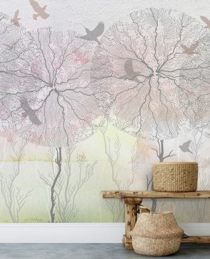abstract tree and bird print wallpaper