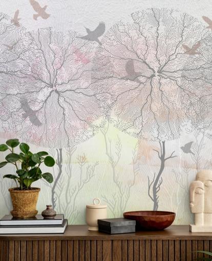 papel pintado abstracto con estampado de árboles y pájaros