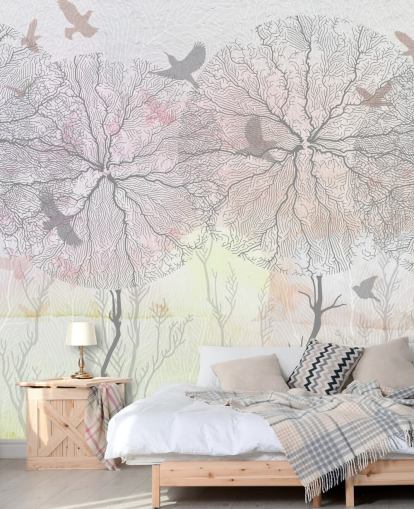 papel pintado abstracto con estampado de árboles y pájaros