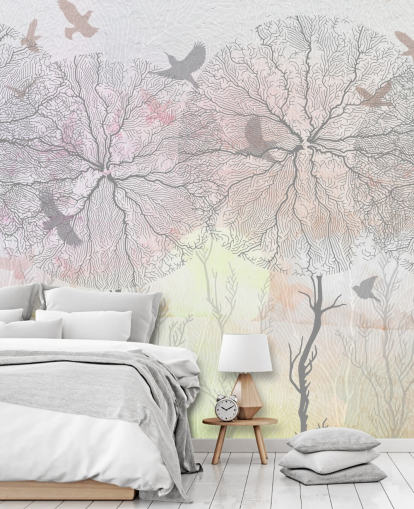 abstract behang met boom- en vogelprint abstract behang met boom- en vogelprint