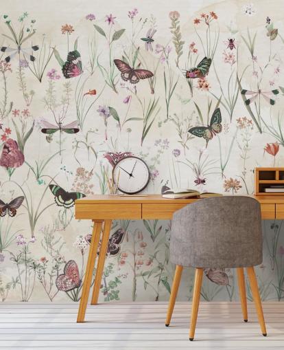 herbs and butterflies wallpaper mural called Herbals and Butterflies II by Marina Stupakova for bedrooms and living rooms