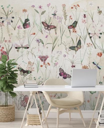 kruiden en vlinders muurschildering genaamd Herbals and Butterflies II van Marina Stupakova voor slaapkamers en woonkamers