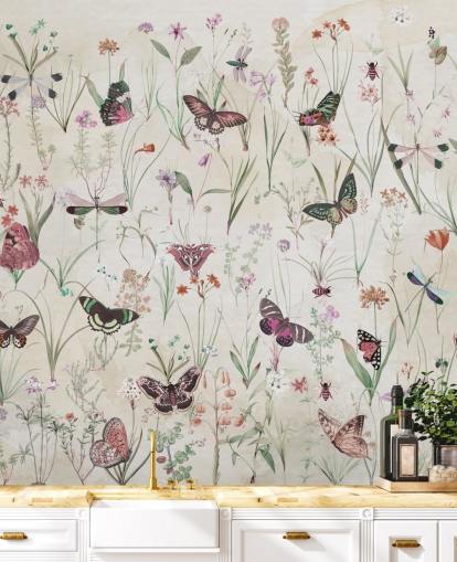 herbs and butterflies wallpaper mural called Herbals and Butterflies II by Marina Stupakova for bedrooms and living rooms