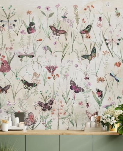 kruiden en vlinders muurschildering genaamd Herbals and Butterflies II van Marina Stupakova voor slaapkamers en woonkamers