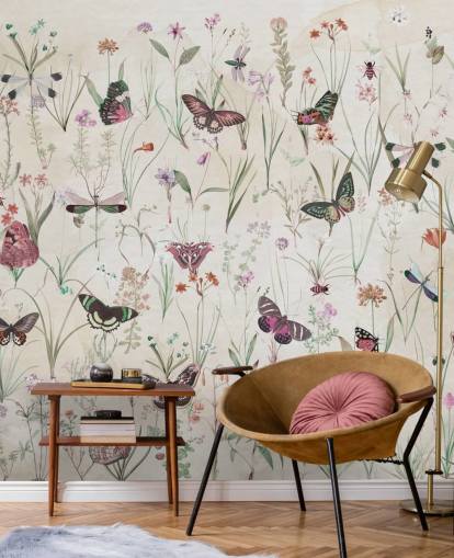 mural de papel pintado de hierbas y mariposas llamado Herbals and Butterflies II de Marina Stupakova para dormitorios y salas de estar