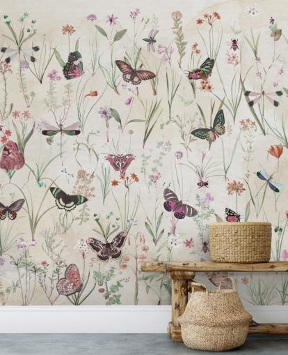 mural de papel pintado de hierbas y mariposas llamado Herbals and Butterflies II de Marina Stupakova para dormitorios y salas de estar