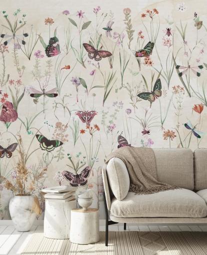 papier peint mural d'herbes et de papillons appelé Herbals and Butterflies II de Marina Stupakova pour les chambres et les salons