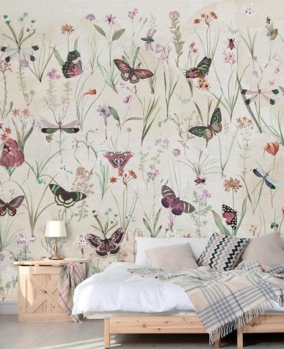 mural de papel pintado de hierbas y mariposas llamado Herbals and Butterflies II de Marina Stupakova para dormitorios y salas de estar