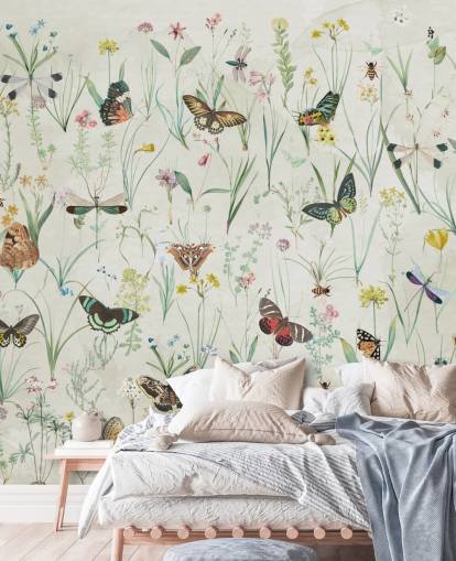 papel pintado de hierbas y mariposas