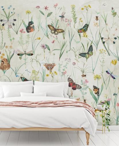 papel pintado de hierbas y mariposas