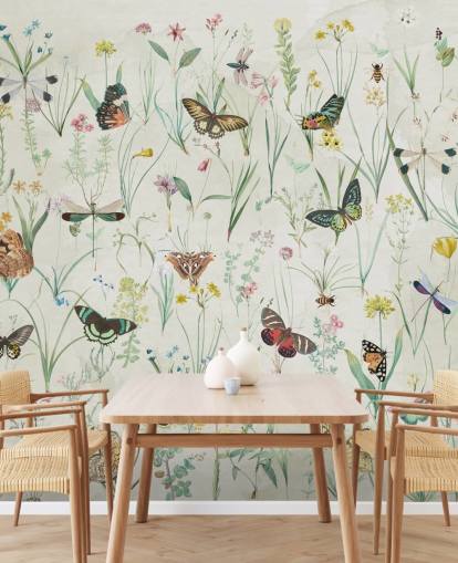 papel pintado de hierbas y mariposas